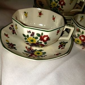 Set of six Royal Doulton Old Leeds Sprays tea cups with saucers.